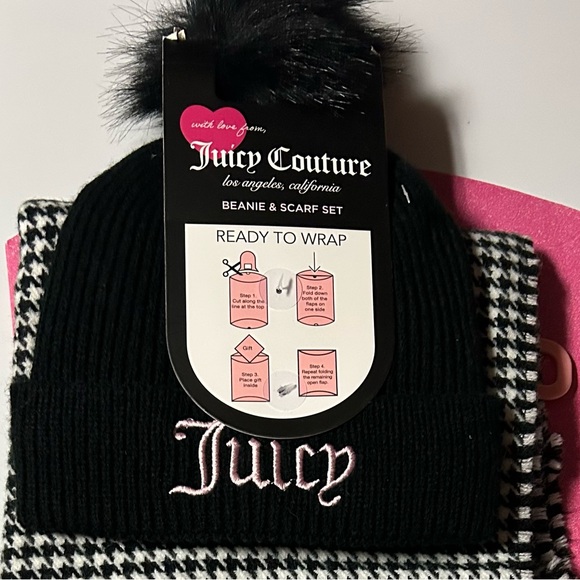Juicy Couture Beanie and Scarf Set Black White Houndstooth Includes Gift Box NEW - Picture 4 of 4